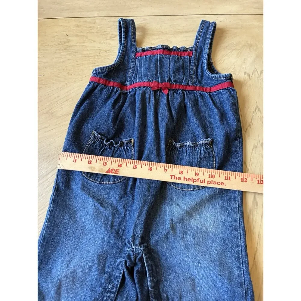 Gymboree Denim Overalls Reindeer Holiday Christmas Girls 18-24M Red Ruffle Trim
